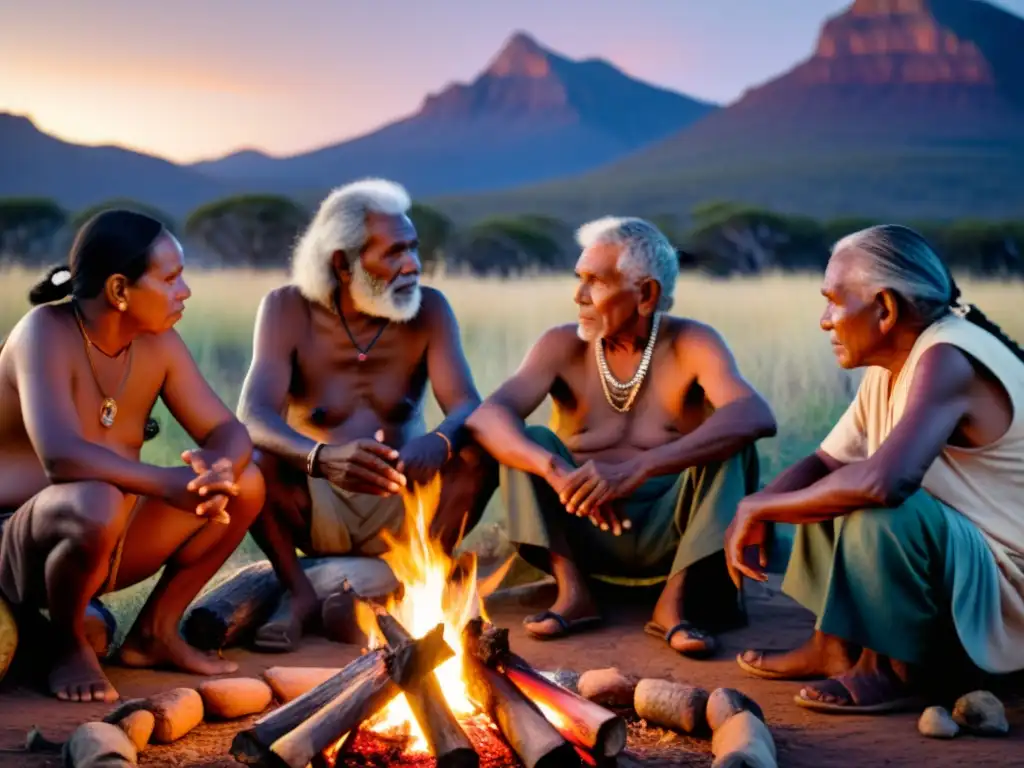 Aborígenes ancianos comparten sabiduría alrededor de fogata al atardecer en el outback australiano, transmitiendo conocimiento en tribus