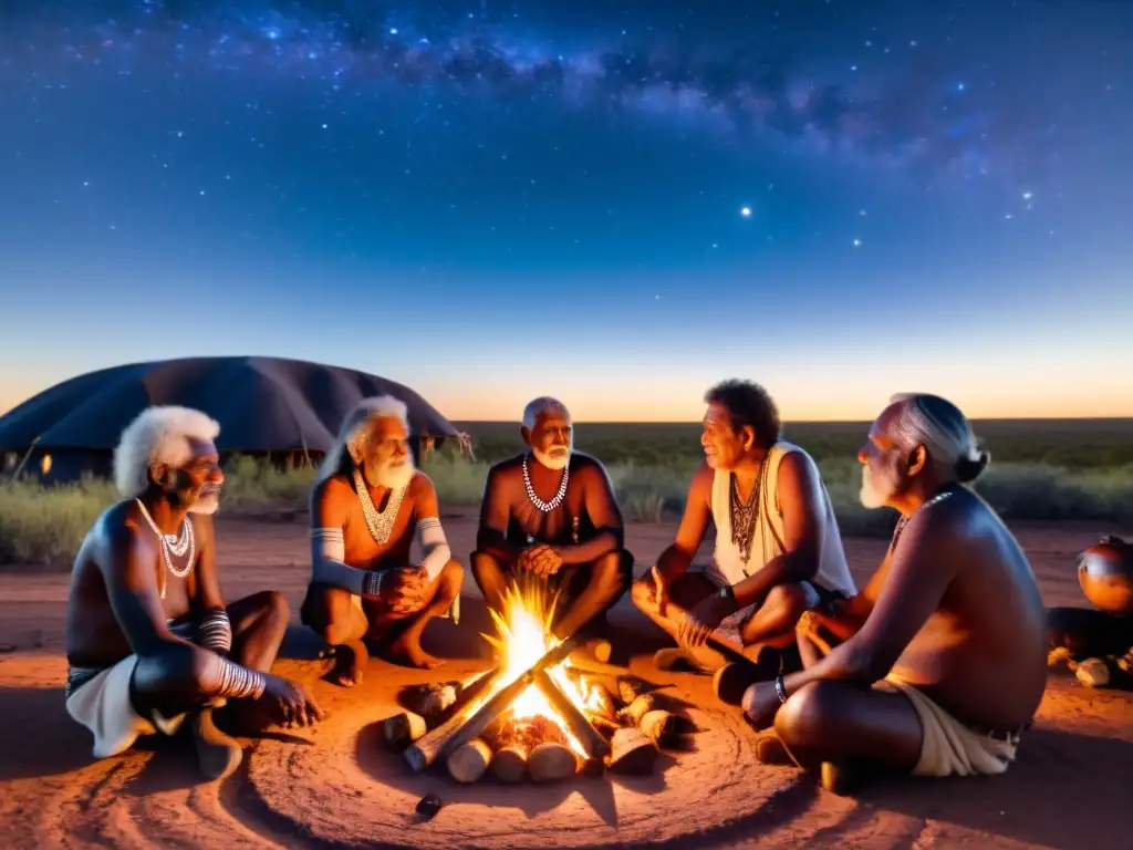 Aborígenes reunidos alrededor de fogata compartiendo profecías y enseñanzas cultura aborigen en el Outback australiano