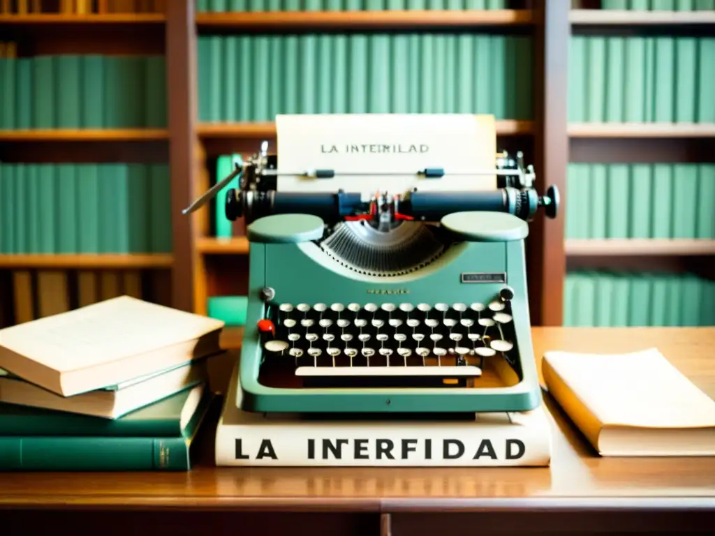Una acogedora biblioteca iluminada con una máquina de escribir vintage y libros apilados, mostrando 'La intertextualidad y la metaficción'