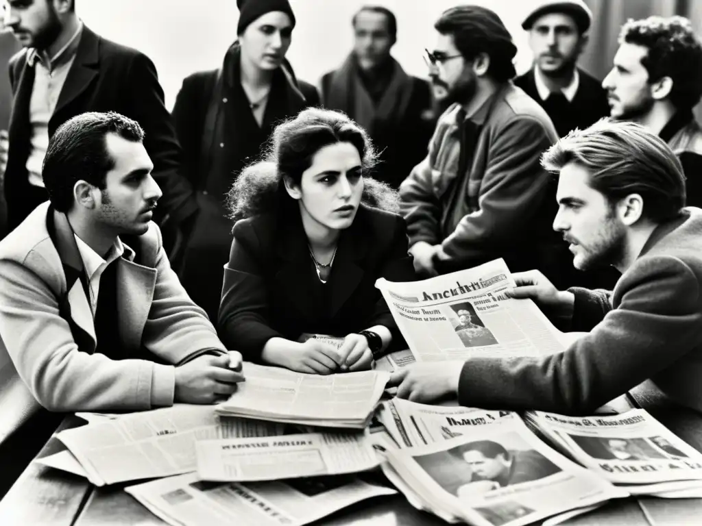 Activistas anarquistas debatiendo apasionadamente en torno a una mesa llena de panfletos y periódicos