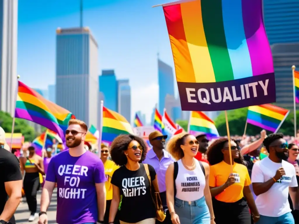 Activistas marchan en desfile del orgullo, mostrando filosofía queer y derechos legales con pancartas coloridas y energía vibrante