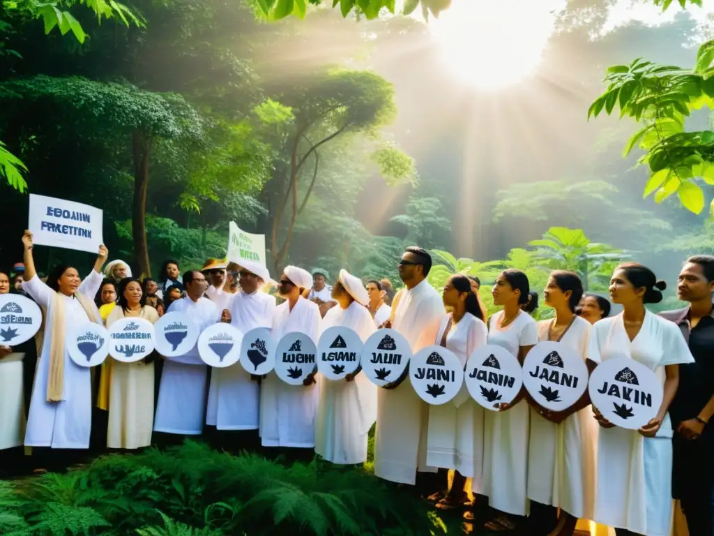 Activistas jainistas promoviendo principios ambientales con mensajes ecofriendly, armonía con la naturaleza