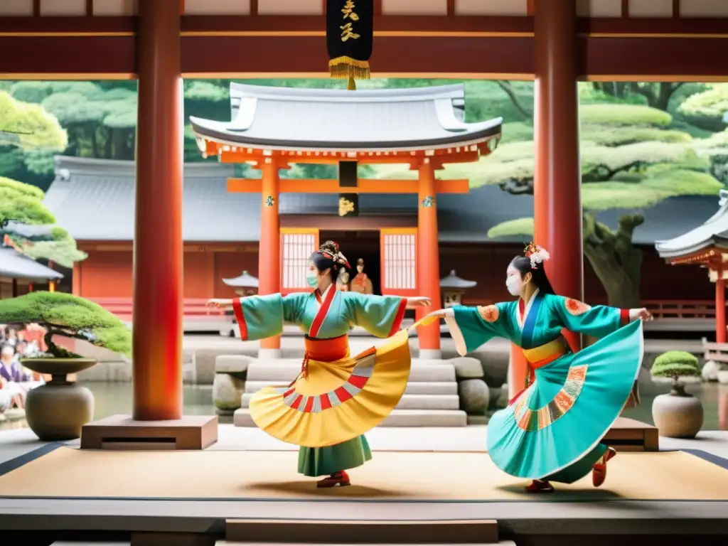 Una actuación de Kagura en un santuario Shinto, con trajes coloridos, coreografías dinámicas y una atmósfera de reverencia sagrada
