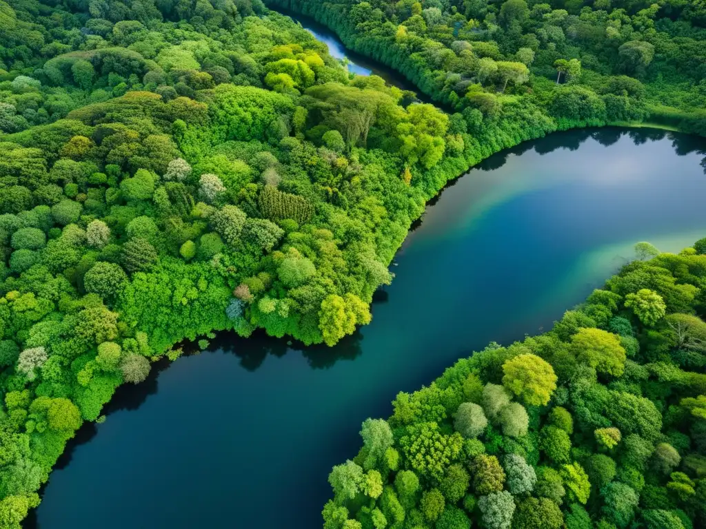 Una fotografía aérea impresionante de un exuberante ecosistema, mostrando la interconexión de la flora y fauna en un paisaje natural