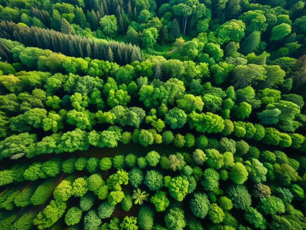 Una fotografía aérea de alta resolución de un denso y virgen dosel forestal, mostrando una rica paleta de tonos verdes y patrones intrincados formados por las entrelazadas ramas y follaje
