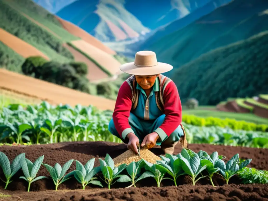 Un agricultor andino planta semillas de quinua en las montañas, mostrando la conexión cultural con la cosmovisión andina
