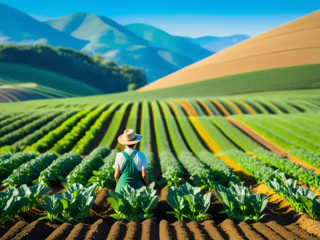 Un agricultor cuida con esmero sus cultivos en un campo soleado, rodeado de colinas y cielo azul