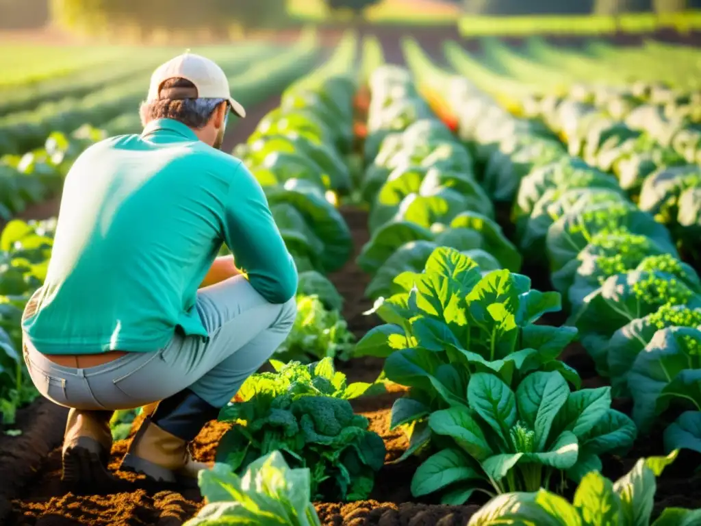 Un agricultor cuida de su huerto orgánico, resaltando los Principios de la Ecología Profunda en armonía con la naturaleza