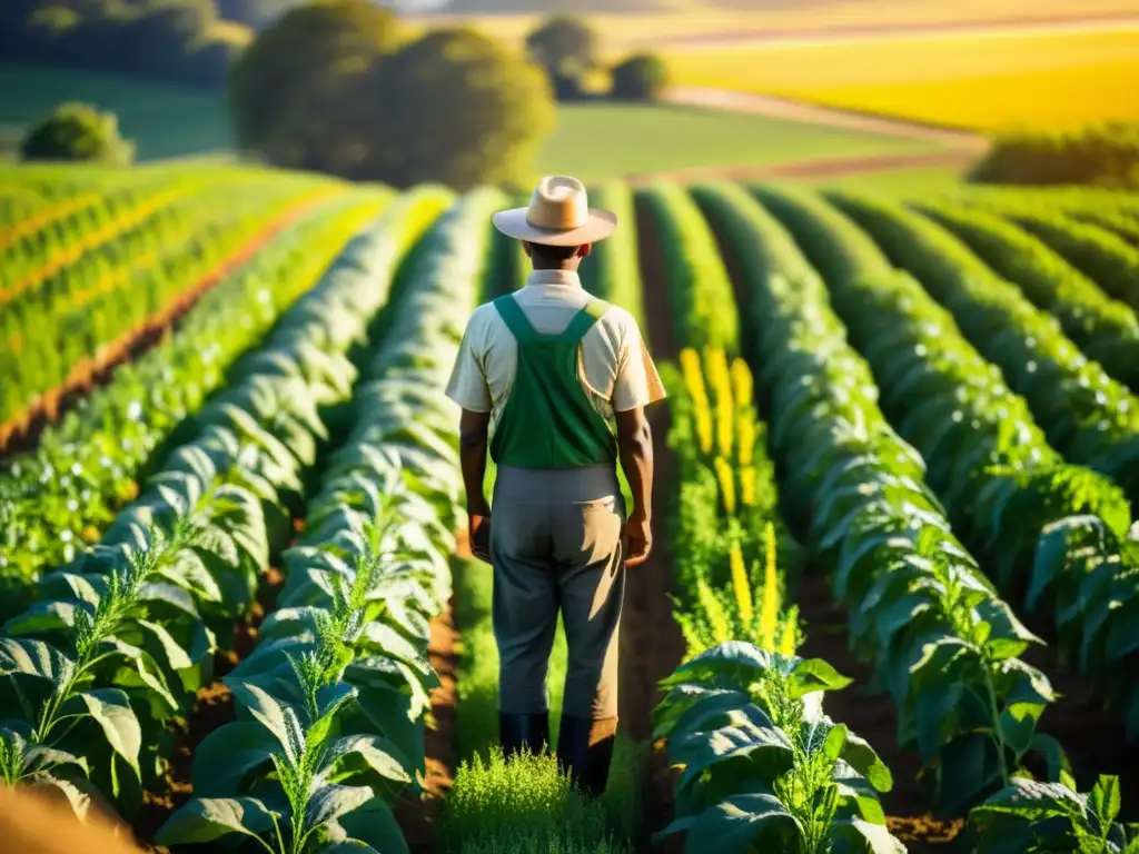 Un agricultor siembra semillas en un campo exuberante bañado por la luz dorada del sol