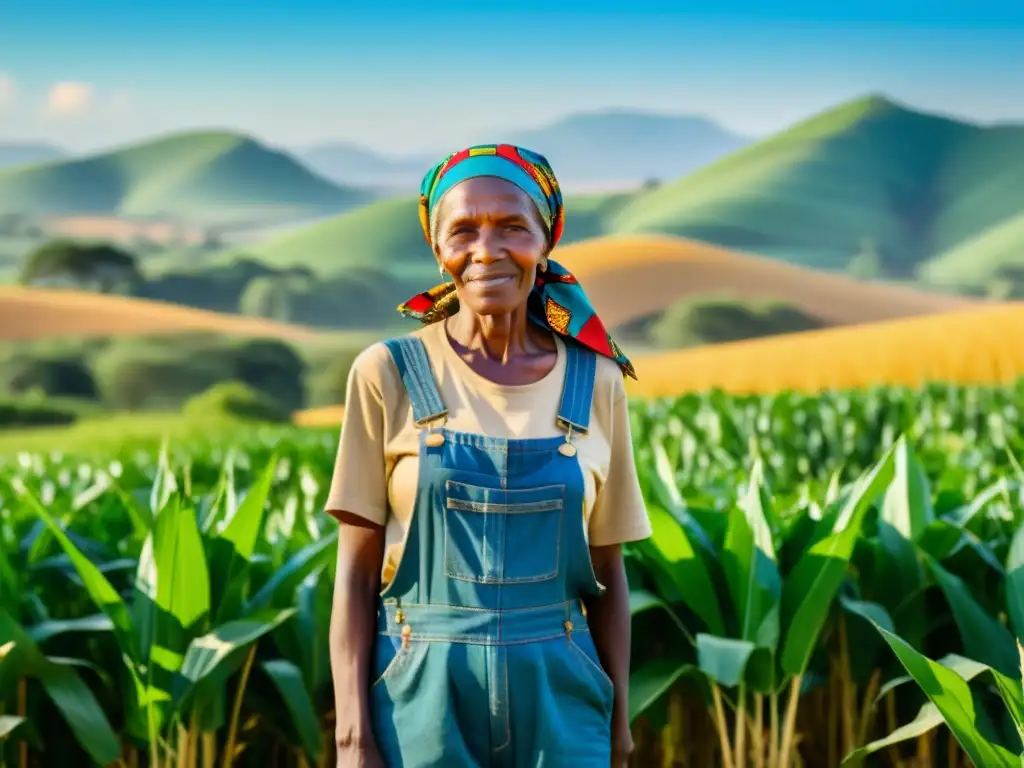 Una agricultora anciana en África subsahariana, con un pañuelo vibrante y overoles desgastados, sostiene vegetales en un campo exuberante