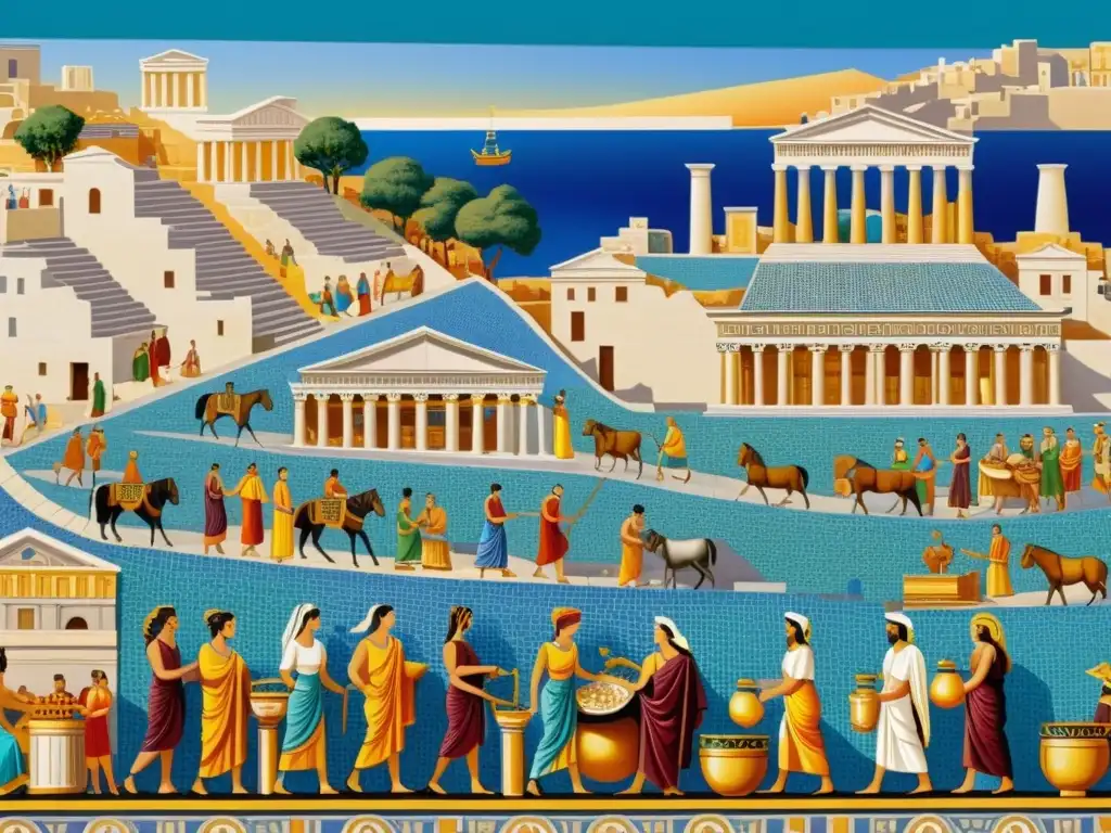 Alegre mosaico de la bulliciosa polis griega, con mercaderes, ciudadanos y la imponente arquitectura urbana