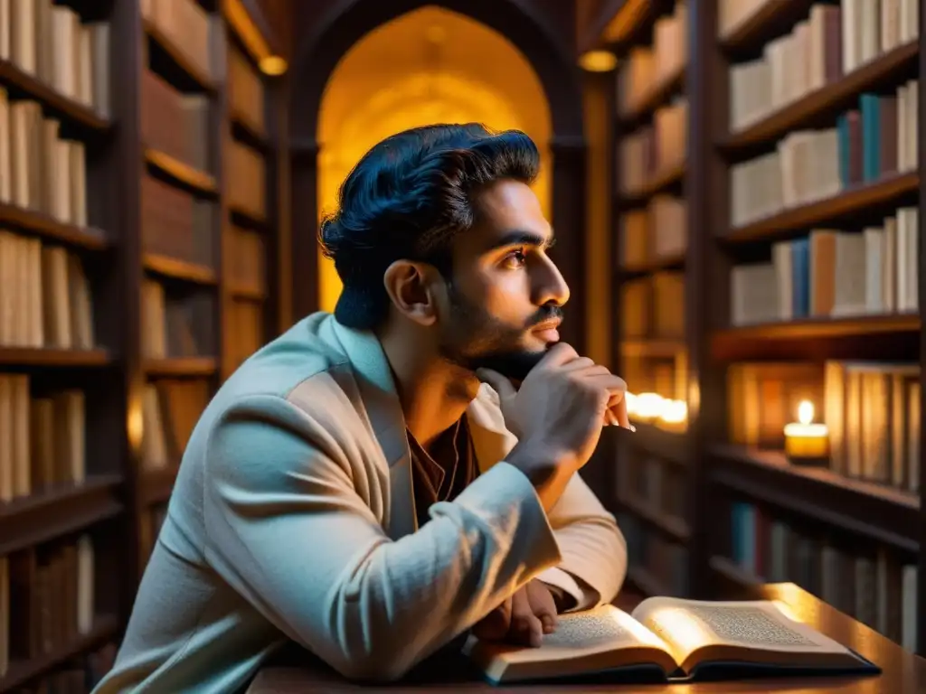 AlGhazali inmerso en la filosofía y la religión, rodeado de antiguos textos en una biblioteca iluminada por velas
