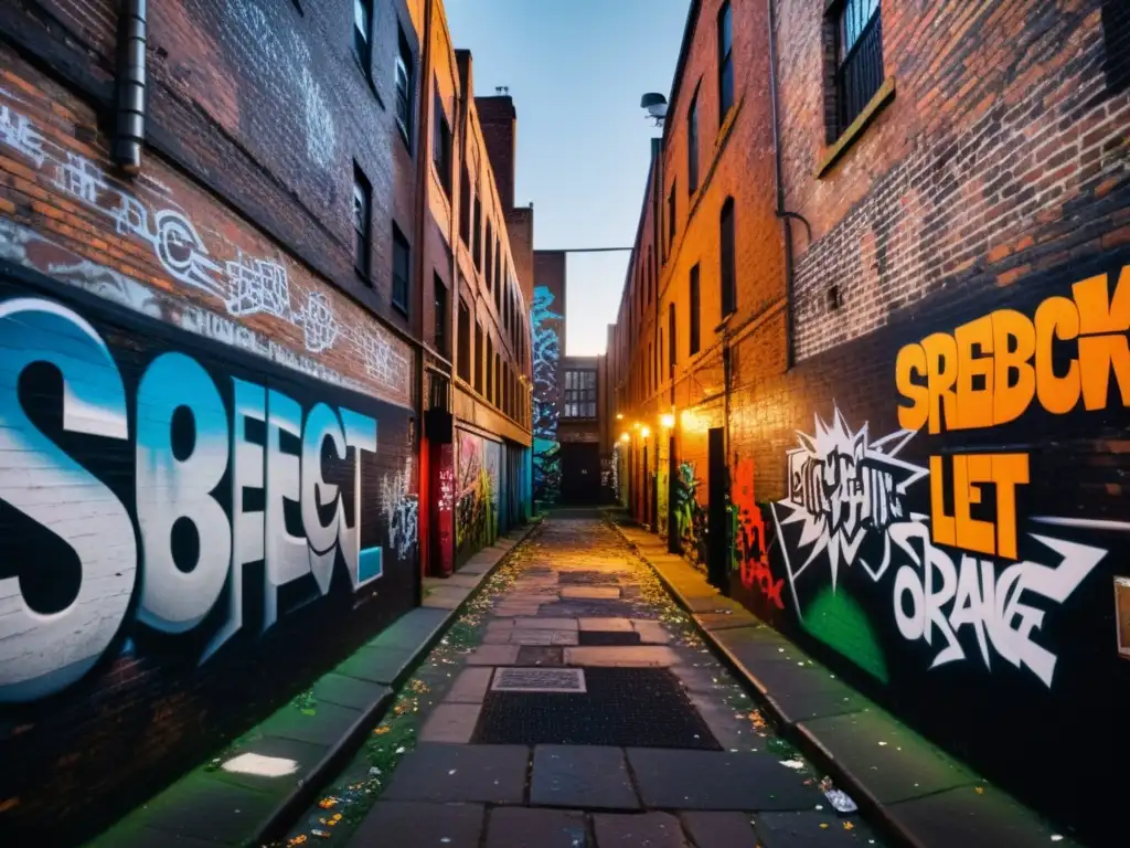 Alleyway urbano con grafitis evocando libertad subjetiva en A Clockwork Orange