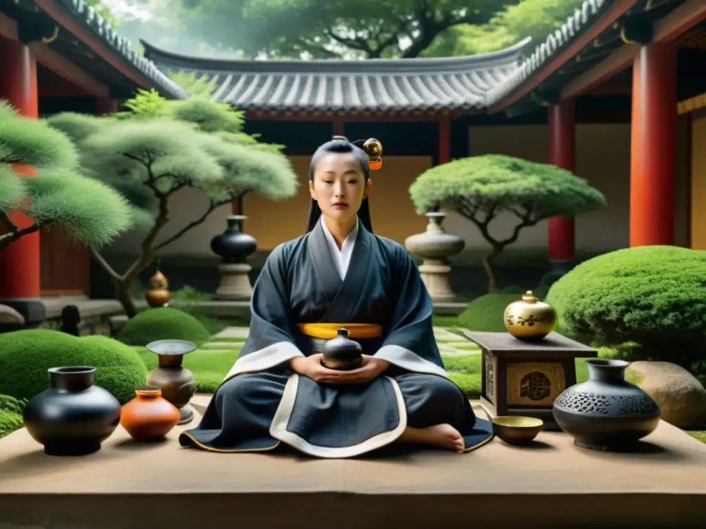 Alquimia interior taoísta iluminación: alquimista en meditación rodeado de símbolos y naturaleza exuberante en un patio tranquilo