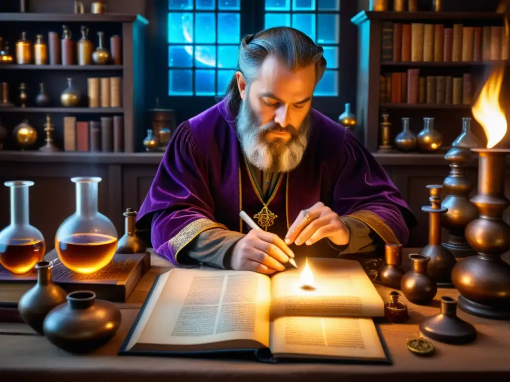 Un alquimista del Renacimiento inmerso en su laboratorio, rodeado de símbolos arcanos y libros, representando la búsqueda espiritualidad Renacimiento