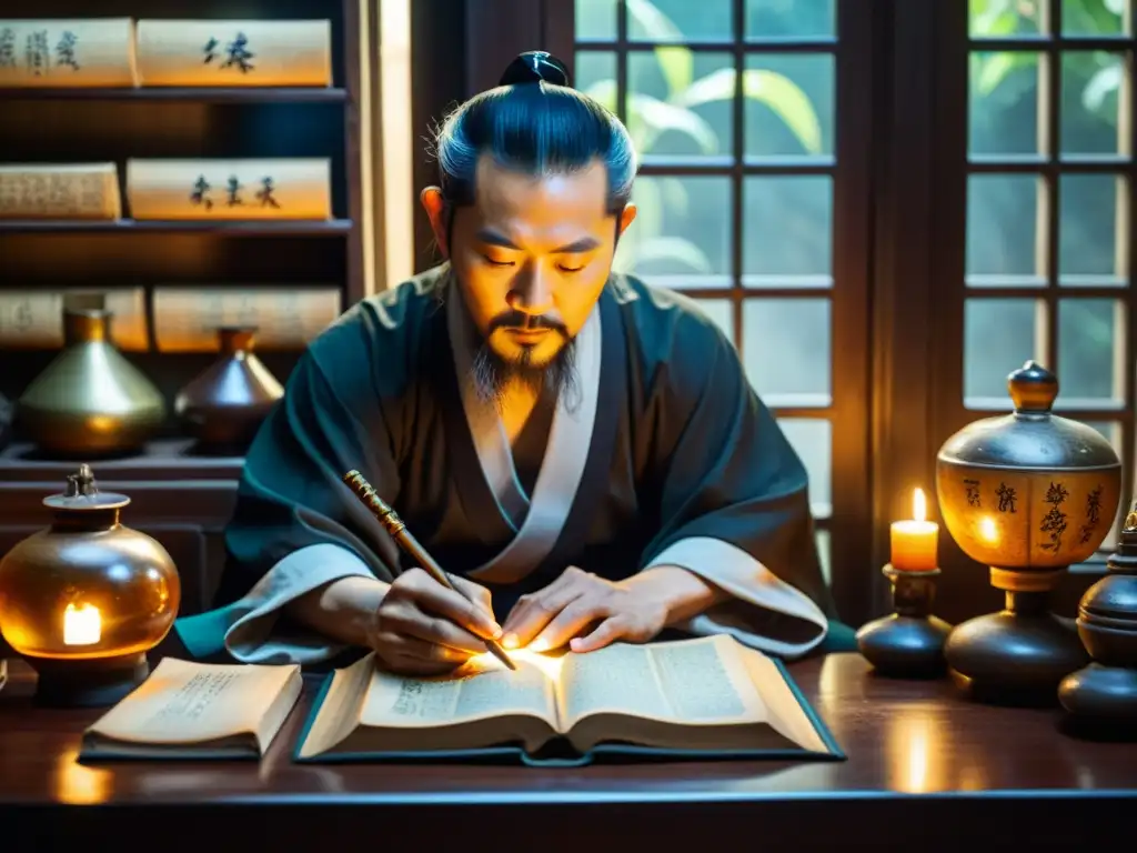 Un alquimista taoísta en profunda concentración, creando elixires de inmortalidad rodeado de antiguos textos y herramientas alquímicas