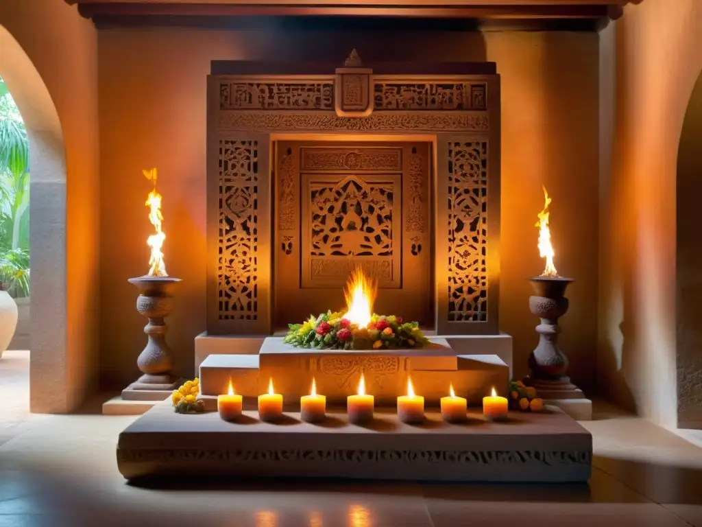 Altar de piedra en cámara iluminada con fuego, ofrendas y símbolos antiguos