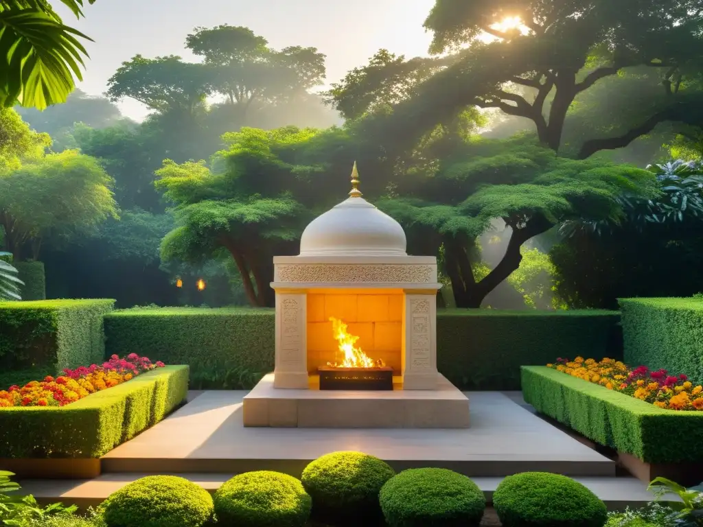 Altar de fuego tallado en piedra, rodeado de vegetación exuberante