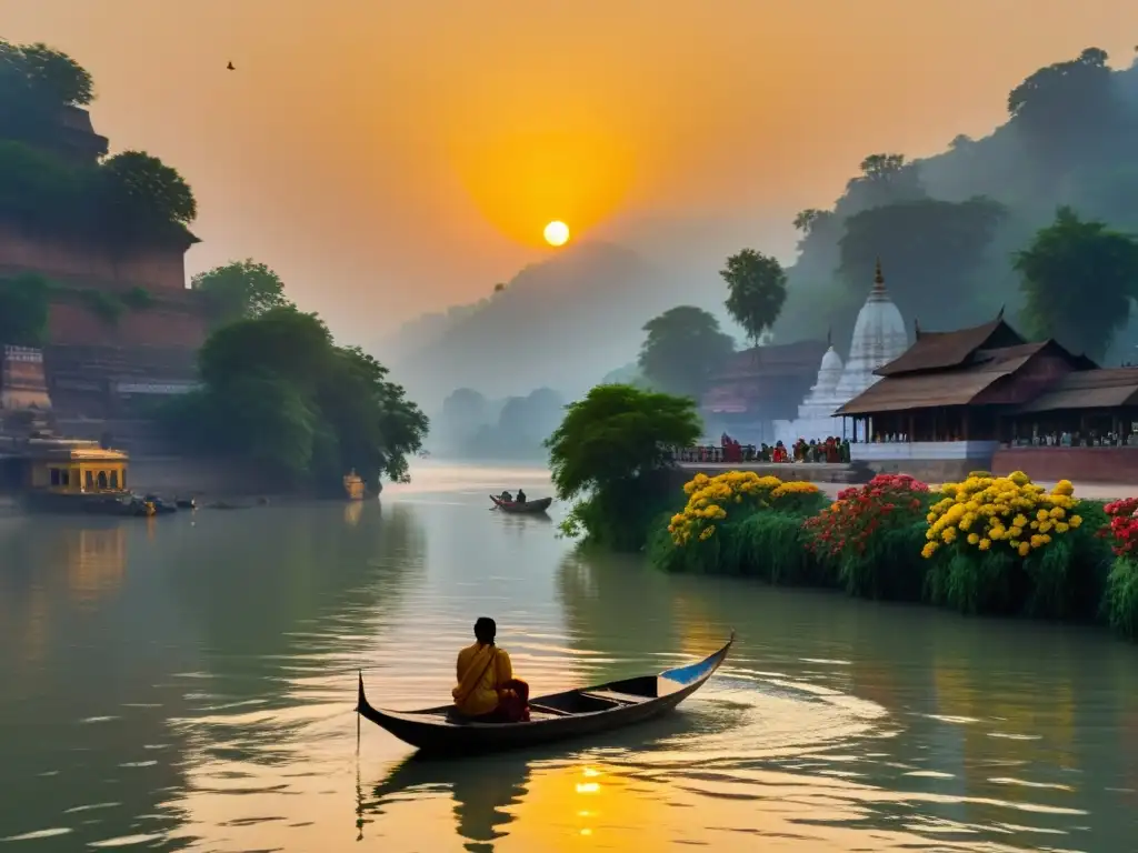 Un amanecer dorado en el río Ganges, donde la filosofía hindú: caminos de exploración se entrelaza con la serenidad y la mística del paisaje