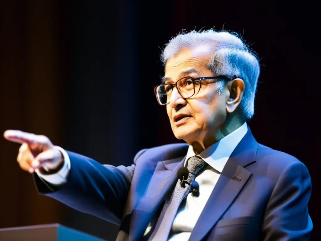 Amartya Sen entrega una apasionada conferencia sobre justicia en un auditorio universitario, con una audiencia diversa y atenta