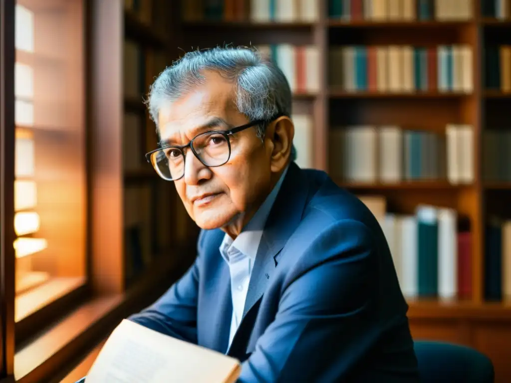 Amartya Sen, premio Nobel, reflexiona en su estudio rodeado de libros