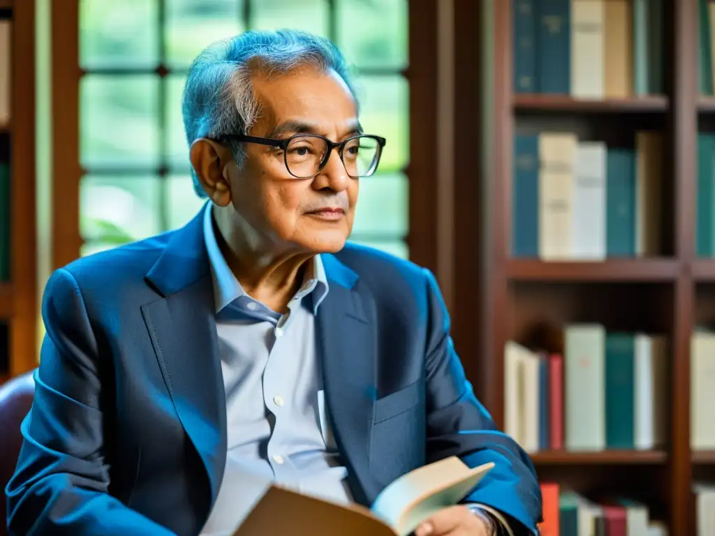 Amartya Sen reflexiona en su estudio, rodeado de libros, con luz natural