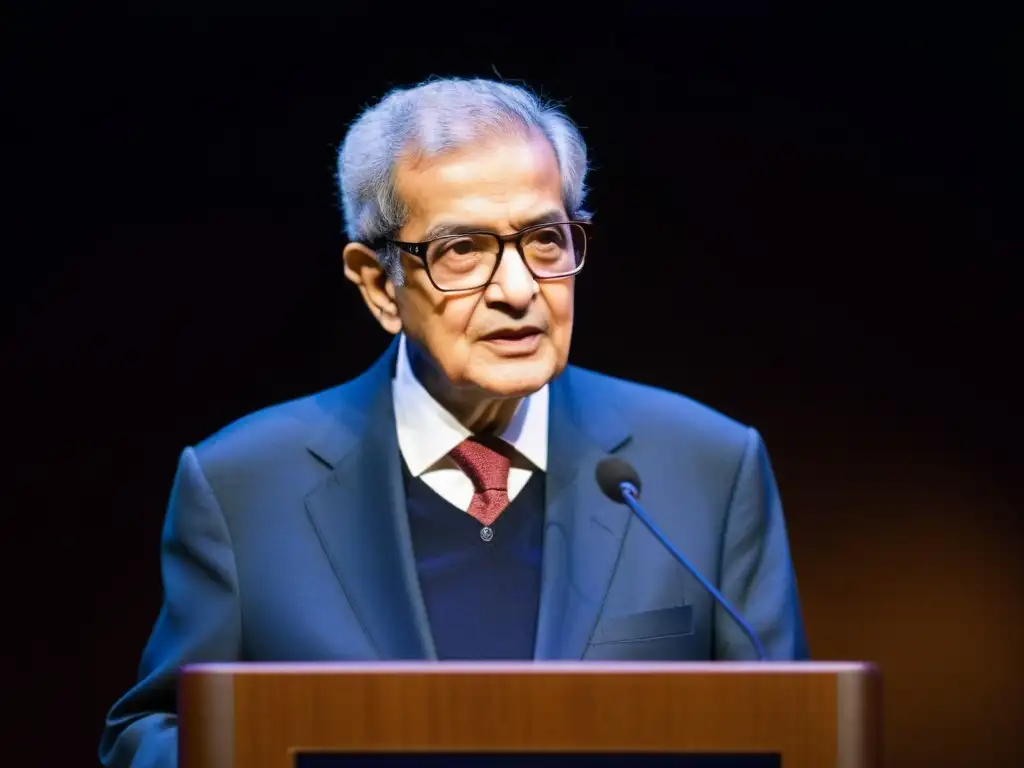 Amartya Sen habla con intensidad sobre justicia en un auditorio iluminado dramáticamente