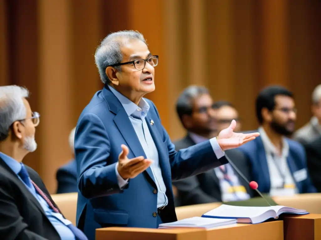 Amartya Sen debatiendo apasionadamente su visión de justicia en un simposio, rodeado de intelectuales diversos
