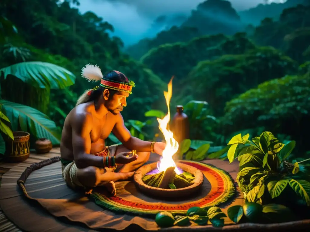 Un chamán amazónico realiza una ceremonia de Ayahuasca en la exuberante Amazonía, mostrando la filosofía espiritual y la conexión con la naturaleza