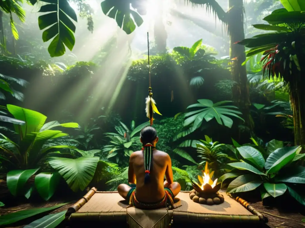 Un chamán amazónico dirige un ritual entre exuberante vegetación en la densa selva sudamericana, evocando misticismo y sabiduría ancestral