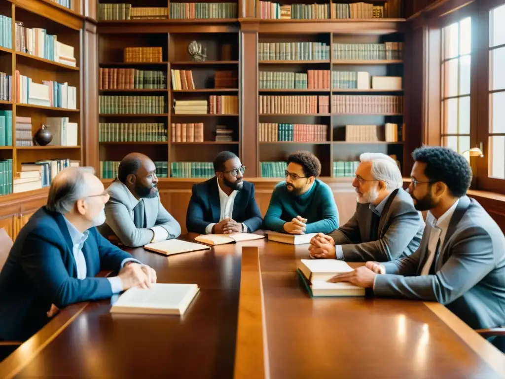 Un ambiente cálido y dinámico donde economistas y filósofos intercambian ideas en una mesa de madera detallada