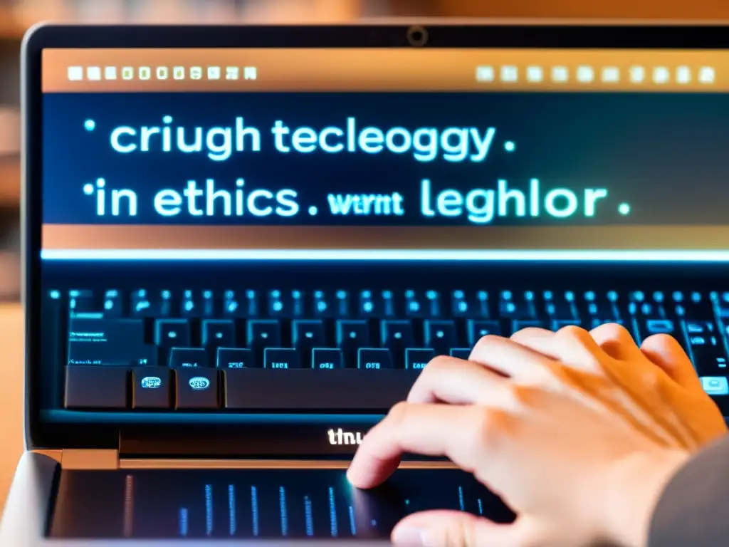 Un ambiente cálido y reflexivo: una mano tecleando en un laptop moderno, con una cita sobre ética y tecnología en pantalla
