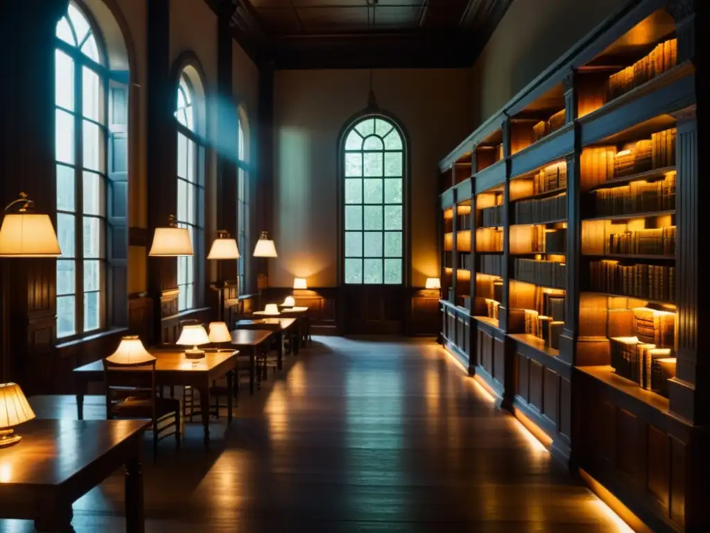 Un ambiente sereno y reverente, una biblioteca tenue con estanterías repletas de libros antiguos
