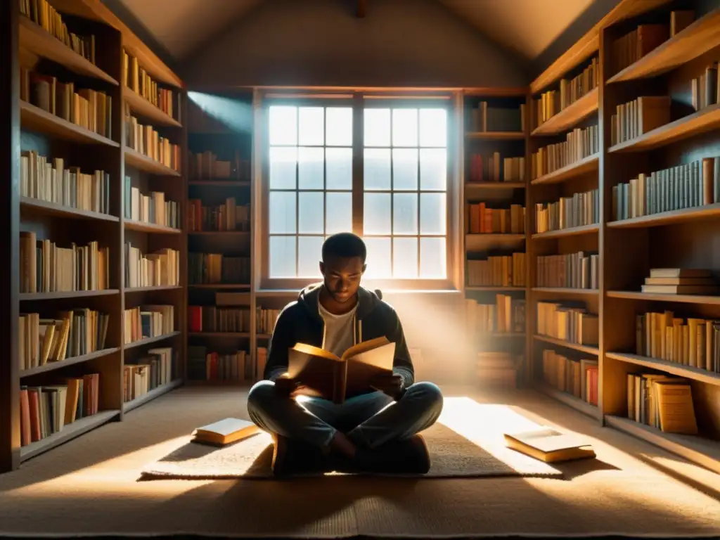 Un ambiente tranquilo con estanterías repletas de libros envejecidos sobre filosofía y automejora, iluminado por la luz solar