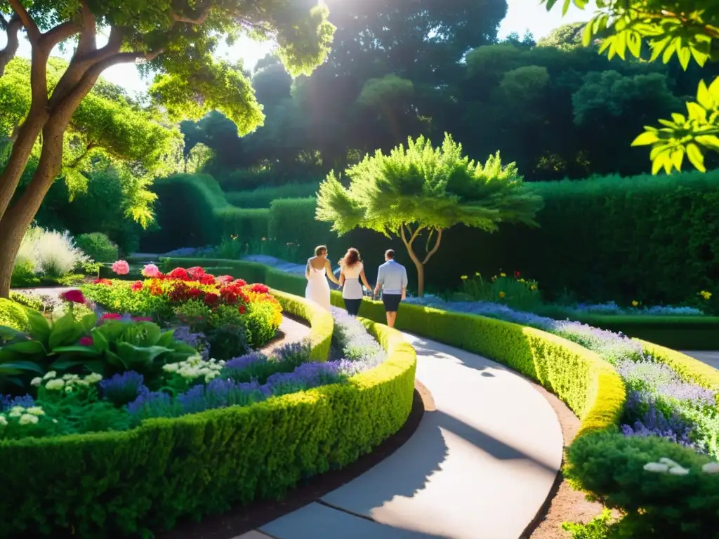 Amigos disfrutan del paseo en los Jardines de Epicuro, transmitiendo la filosofía del placer y la camaradería