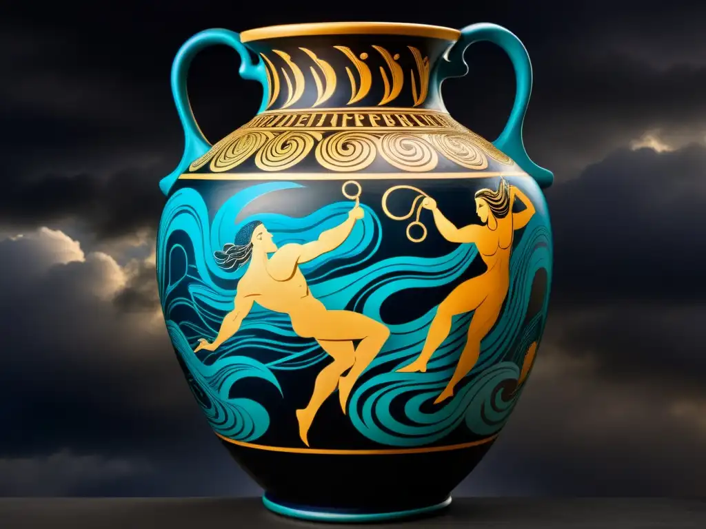 Amphora griega antigua con la épica batalla entre dioses y Titanes, detallando a Zeus y Poseidón