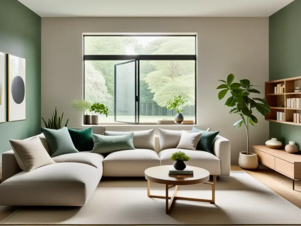Amplia sala minimalista con ventana, luz natural, muebles modernos, libros y planta