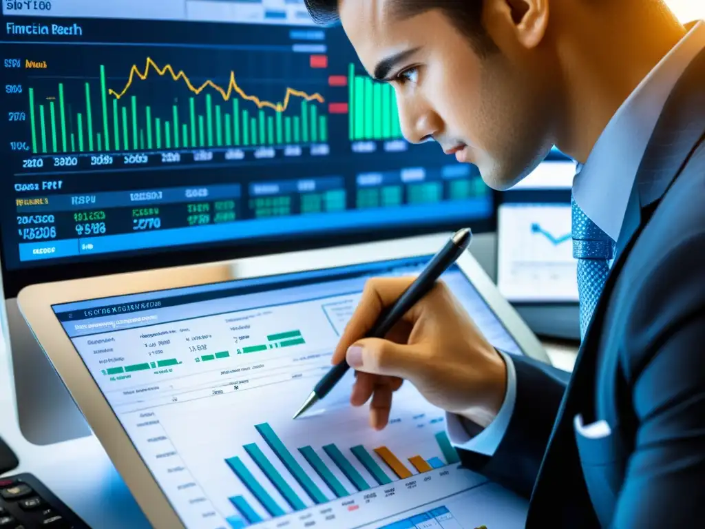 Un analista financiero examina detalladamente una compleja hoja de cálculo, rodeado de gráficos y reportes