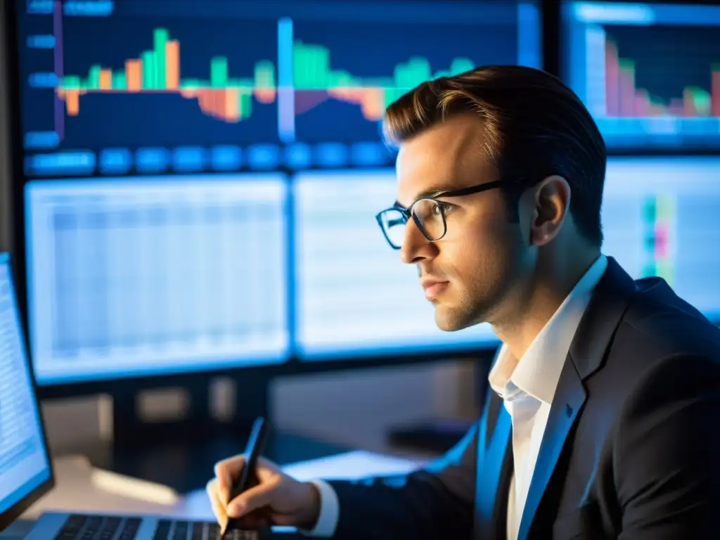 Un analista financiero se concentra en un detallado análisis de mercado, iluminado por la pantalla de su ordenador en una oficina tenue