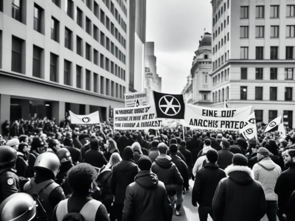 Manifestación de anarquistas en la ciudad, desafiando el sistema en la globalización