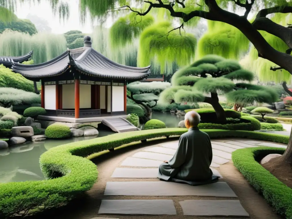 Jardín chino ancestral con bonsáis, pagoda, anciano meditando y árbol de sauce, reflejo de la sabiduría de Lao Tse sobre el líder servicial
