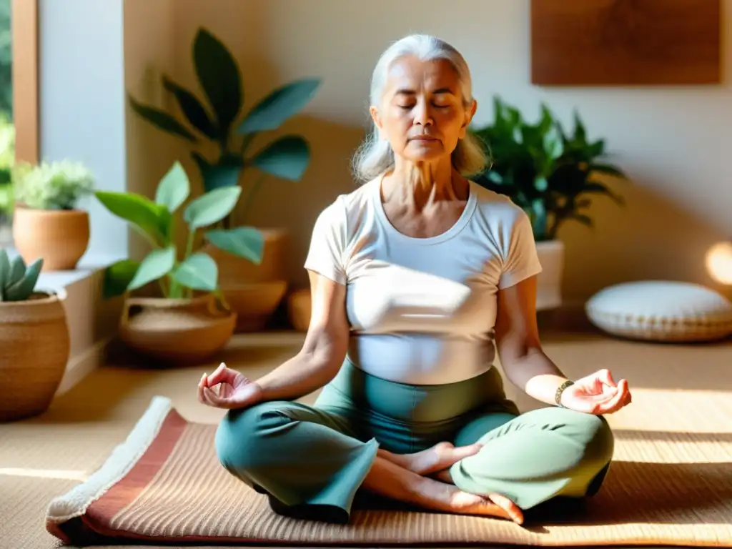 Una anciana practica meditación en un ambiente sereno y acogedor, mientras otras personas de diferentes edades y habilidades se unen en la práctica