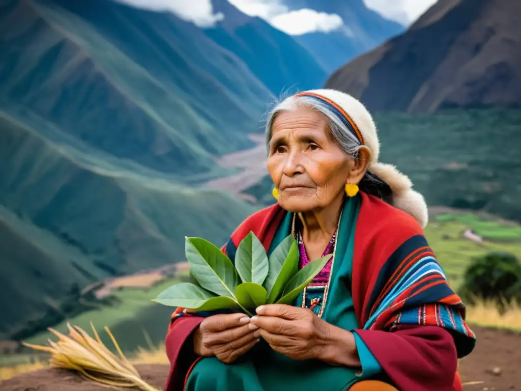 Una anciana andina con ropa tradicional y coca, refleja el rol mujer filosofía andina, en medio de imponentes montañas