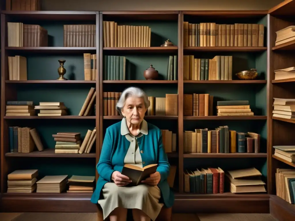 Una anciana reflexiona sobre la autonomía, rodeada de libros y recuerdos en una habitación llena de historia y melancolía