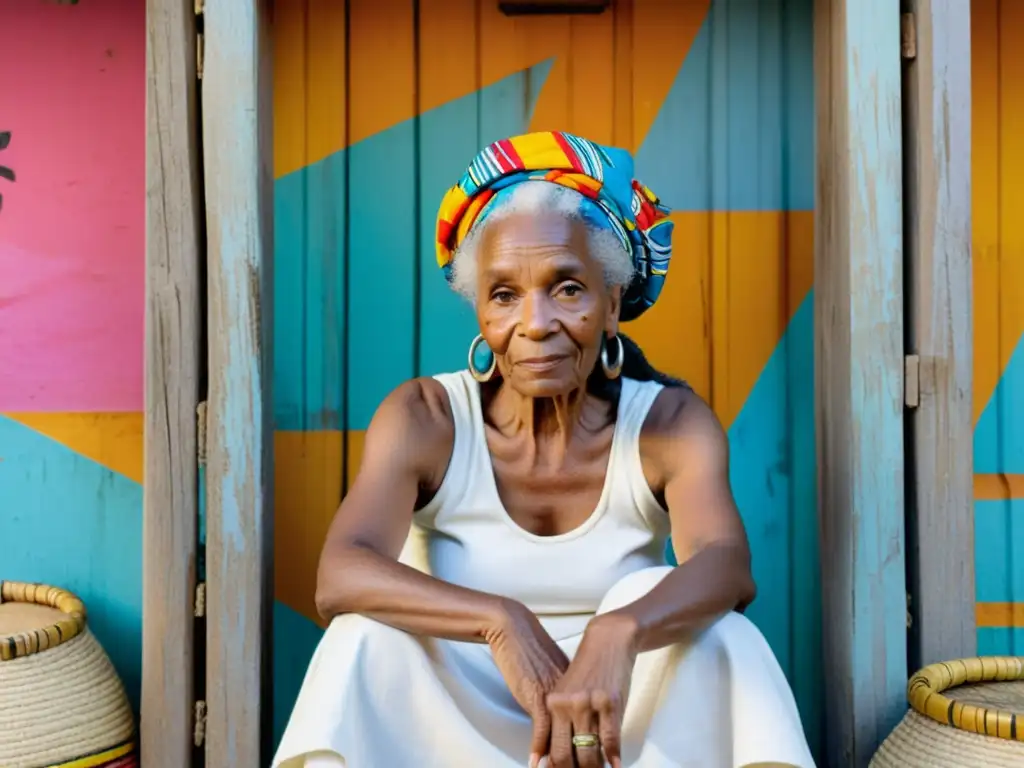 Una anciana caribeña teje una cesta de hojas de palma mientras comparte historias espirituales con niños, bajo la luz dorada del sol