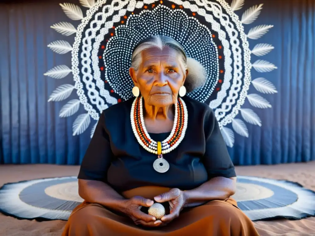 Una anciana indígena australiana sostiene un objeto ceremonial, conectada con su herencia cultural