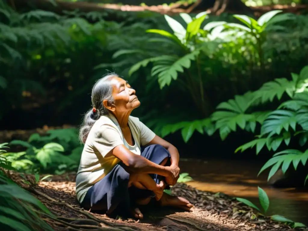 Una anciana indígena medita en el bosque, bajo la luz filtrada entre la densa vegetación