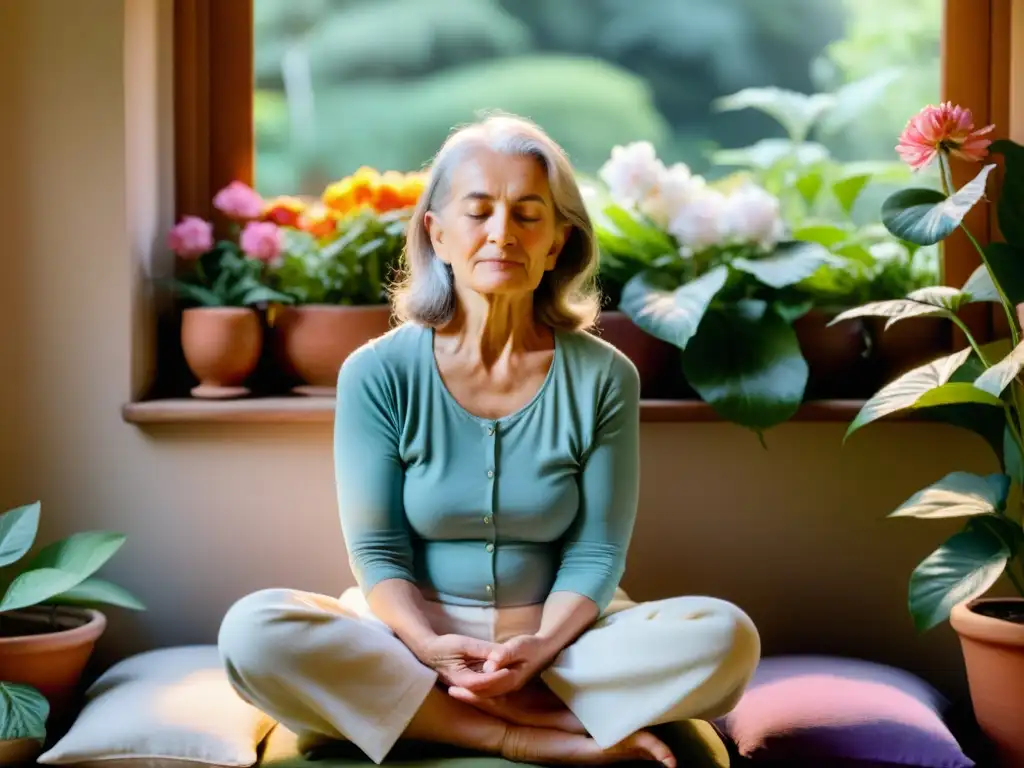 Una anciana en meditación para mantener mente ágil, irradiando paz en un jardín sereno