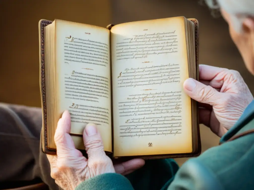 Las ancianas manos sabias sostienen un antiguo libro de cuero, iluminadas por la luz cálida