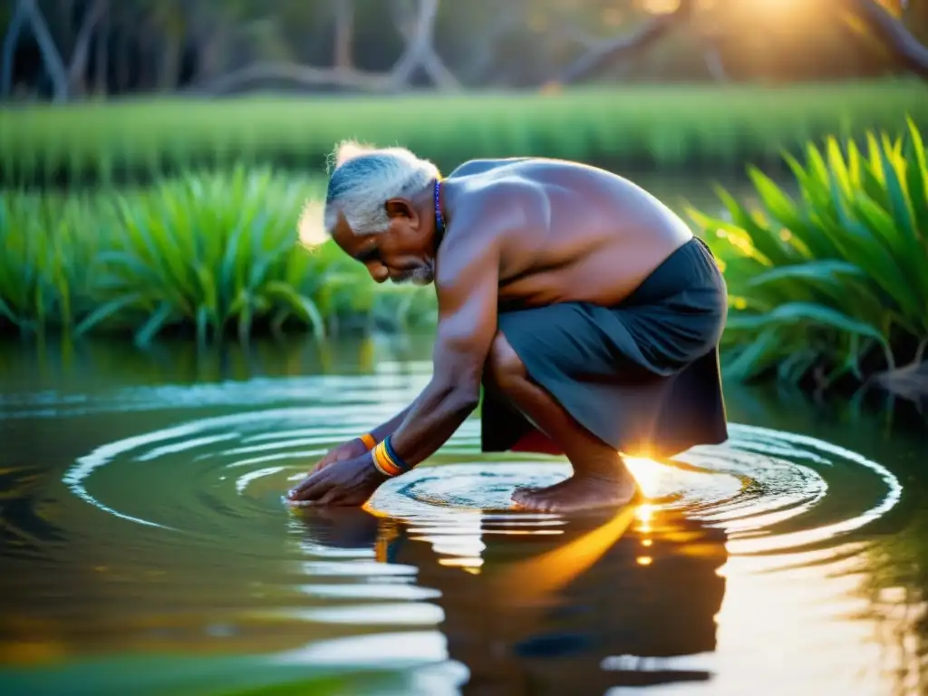 Un anciano aborigen realiza una ceremonia de agua en un billabong tranquilo al atardecer, irradiando respeto y conexión espiritual con la naturaleza